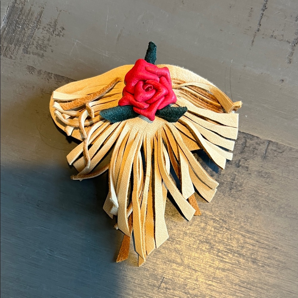 Fringed Leather Hair Accessory with Red Rose made in France